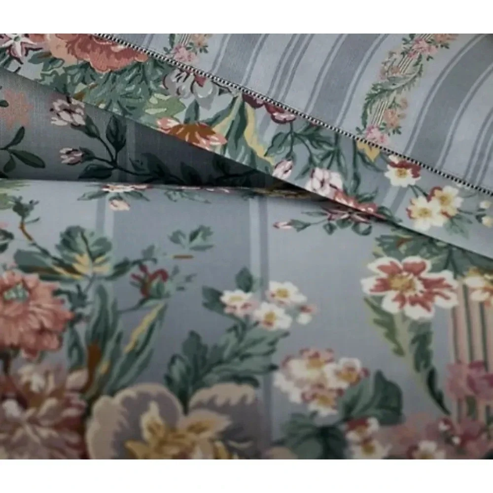 Ralph Lauren Adalia Floral Stripe Duvet Cover Full Queen Blue Hemstitch NIB $430